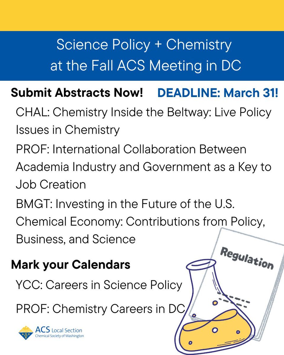 I know many of you are thinking of #ACSSpring2025 in San Diego, but the deadline for submitting an abstract to the Fall Meeting is coming up soon. Don't miss your chance to come visit DC, and maybe talk a little policy in the place where it happens. acs.org/events/fall/pr…