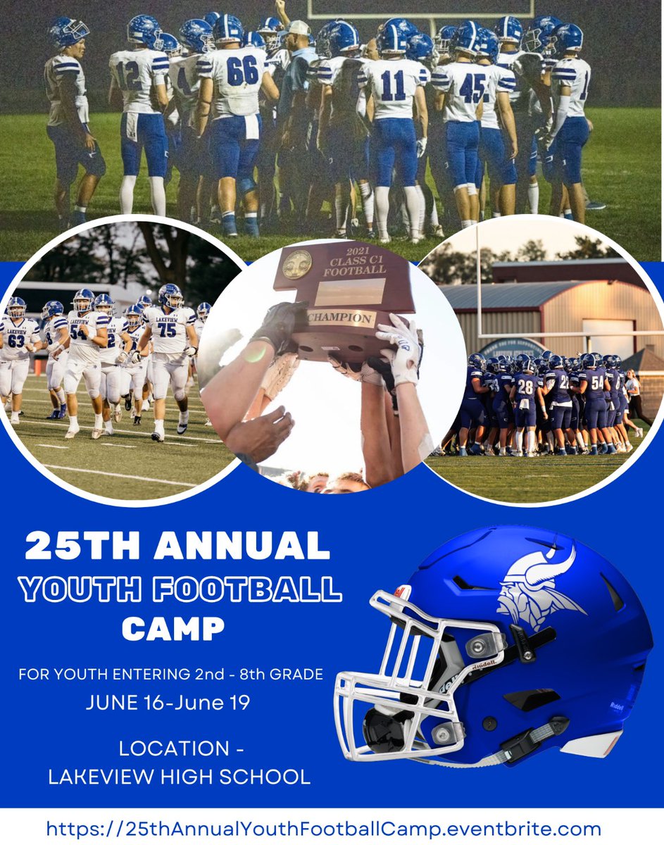 We have over 50 area youth already signed up for camp! Register today for the 25th Annual Youth Football Camp!  Click on the link below and sign up today! #lakeviewvikes #threecheers 
…nnualYouthFootballCamp.eventbrite.com