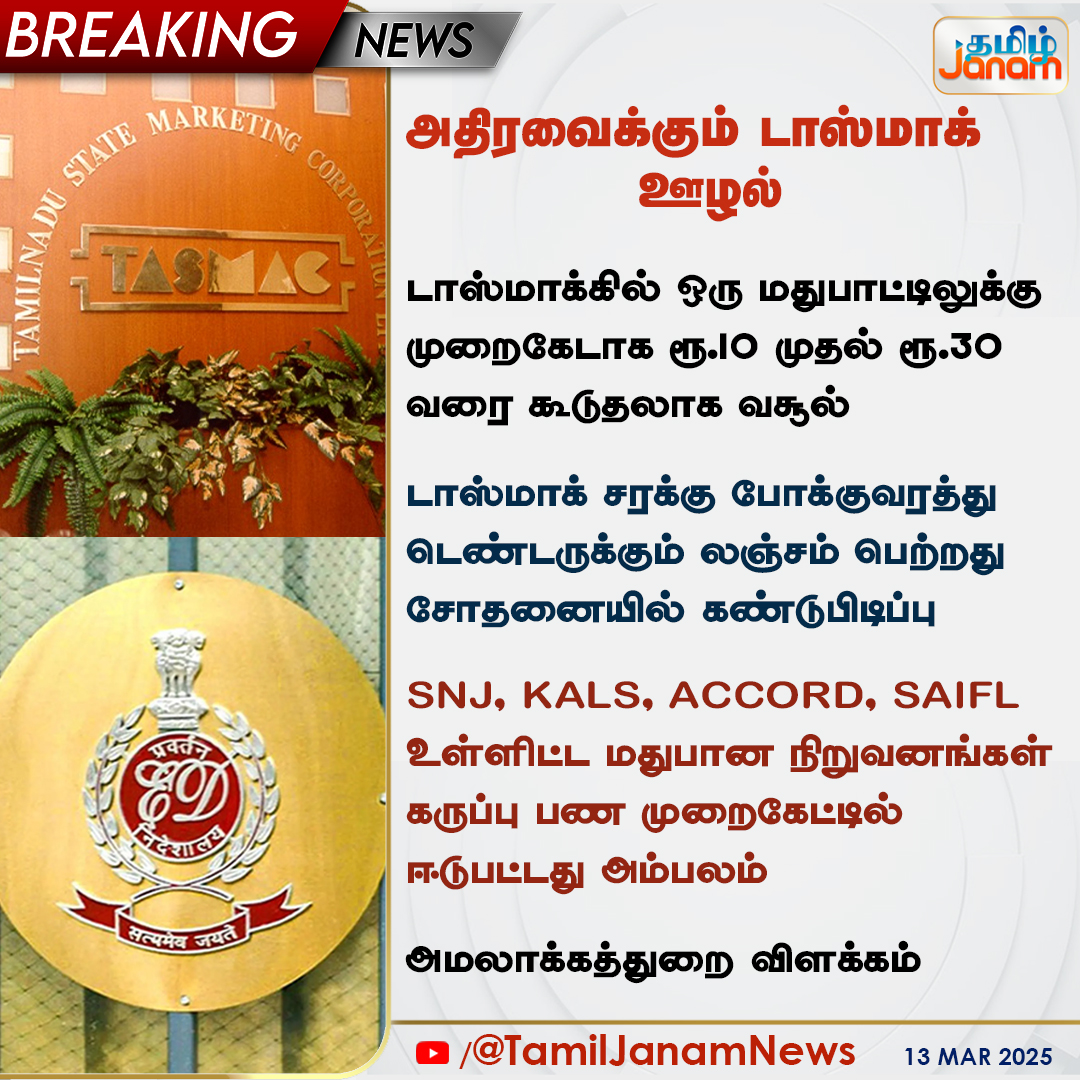 TamilJanamNews's tweet image. அதிரவைக்கும் டாஸ்மாக் ஊழல் #NewsUpdate

#BREAKING #TASMAC #LiquorScamCase #TamilnaduNews #EnforcementDirectorate #1000crorescam #SenthilBalaji #DMK #TNGovt #EDRaid #Corruption #TamilJanam