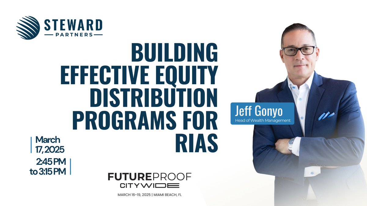 StewardPartners's tweet image. Excited that Jeff Gonyo, Head of Wealth Management, will be a panelist at the @FutureProof_HQ Citywide Conference! He&apos;ll discuss #equitydistribution programs, essential for rewarding performance and retaining talent in #RIAfirms. 
Say hi to Jeff if you attend! @Gonyo5