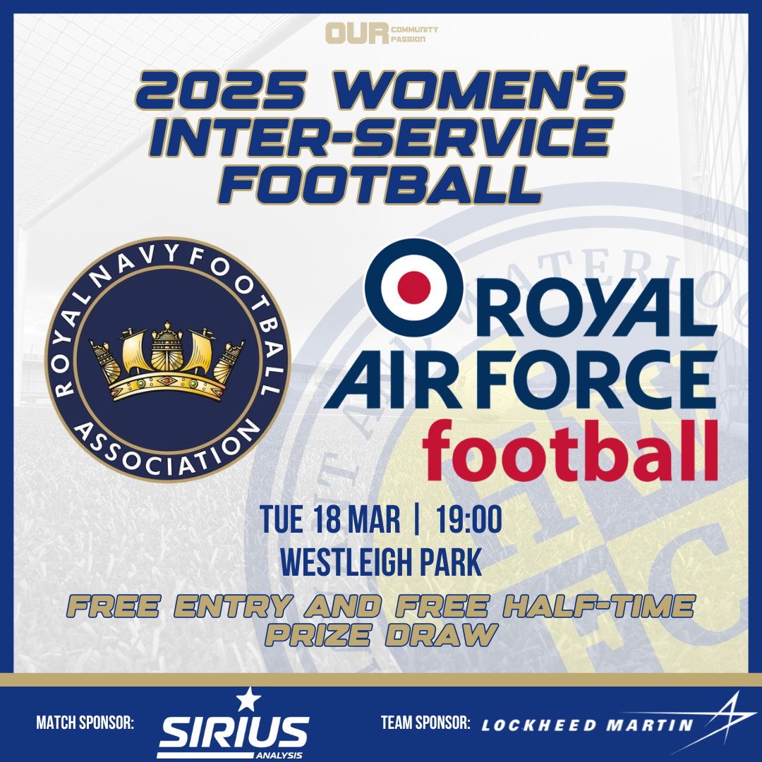 Havant & Waterlooville FC (@hwfcofficial) on Twitter photo Coming up at Westleigh Park... 🏟️
We play host to the 2025 Women's Inter-Service Football fixture between <a href="/NavyFootball1/">Royal Navy FA 🇬🇧</a> and <a href="/RAFFootball/">RAF FA</a> on Tuesday night and admission is Free of charge!
You can meet and greet the <a href="/PompeyWomen/">Portsmouth Women</a> Management Team, Jay Sadler and Kim Stenning, plus Coming up at Westleigh Park... 🏟️
We play host to the 2025 Women's Inter-Service Football fixture between <a href="/NavyFootball1/">Royal Navy FA 🇬🇧</a> and <a href="/RAFFootball/">RAF FA</a> on Tuesday night and admission is Free of charge!
You can meet and greet the <a href="/PompeyWomen/">Portsmouth Women</a> Management Team, Jay Sadler and Kim Stenning, plus