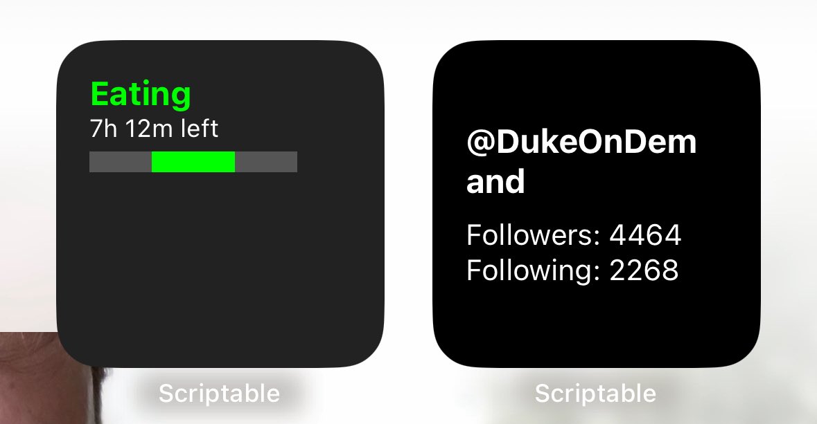 DukeOnDemand's tweet image. Ive written these cool little script widgets with #scriptable on iOS the first one is my fasting timer and the second is my follower and following count for x using the x api pretty proud of it myself haha