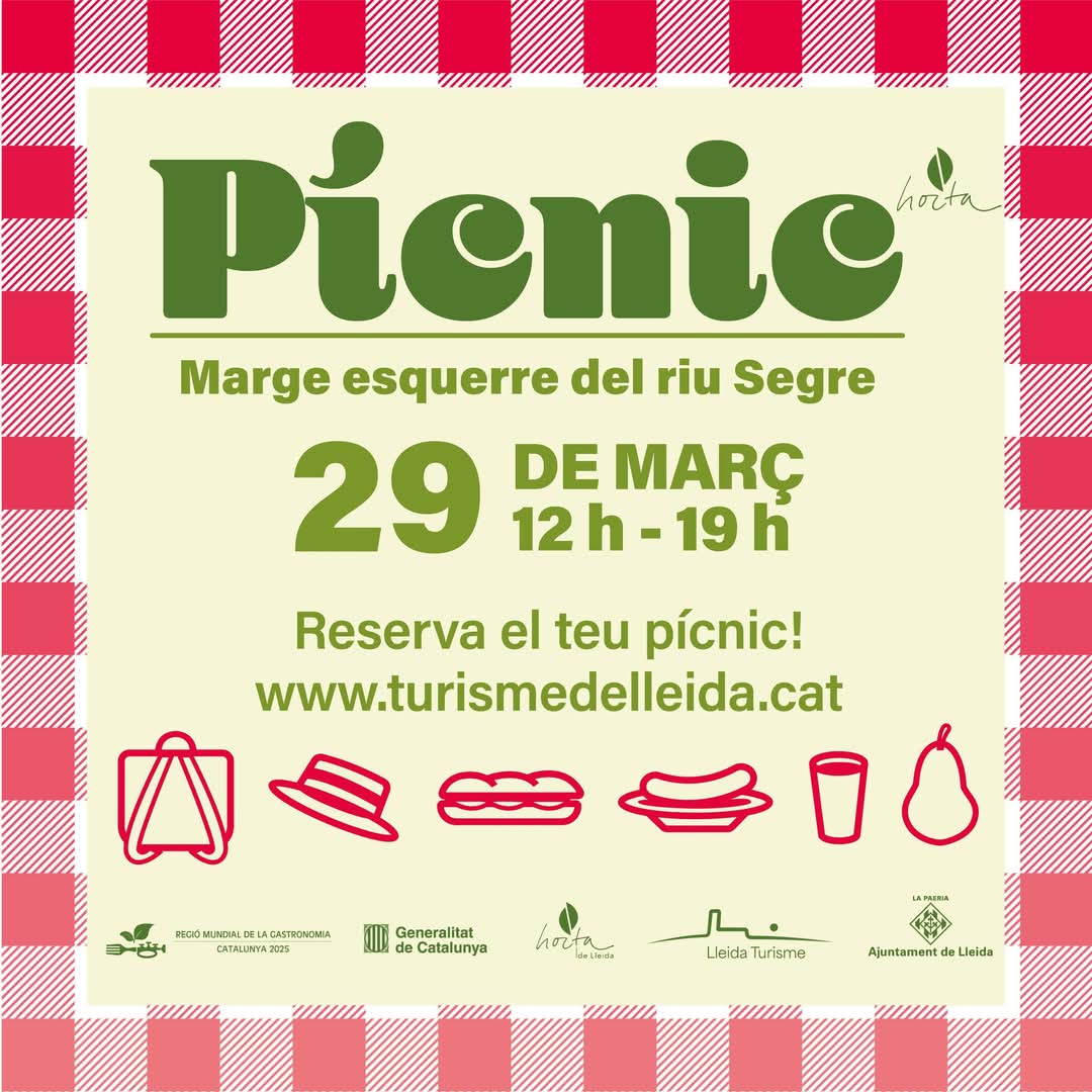 Agafeu l'agenda i anoteu aquesta super activitat del PICNIC de <a href="/turismedelleida/">Lleida Turisme</a>  el 29 de març de les 12h a les 19h al marge esquerra del riu Segre amb concerts de música, espai vermut, parades de proximitat,  jocs rurals , degustacions i molt més. Festa a la lleidatana!