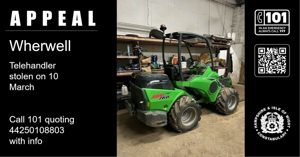 This Avant 760i mini telehandler was stolen at around 8pm on Monday 10 March from a premises in #Wherwell near #Andover

Have you seen it, or have any info? Call us on 101.

More here &gt;&gt;&gt; orlo.uk/N3jNC

#HantsRural