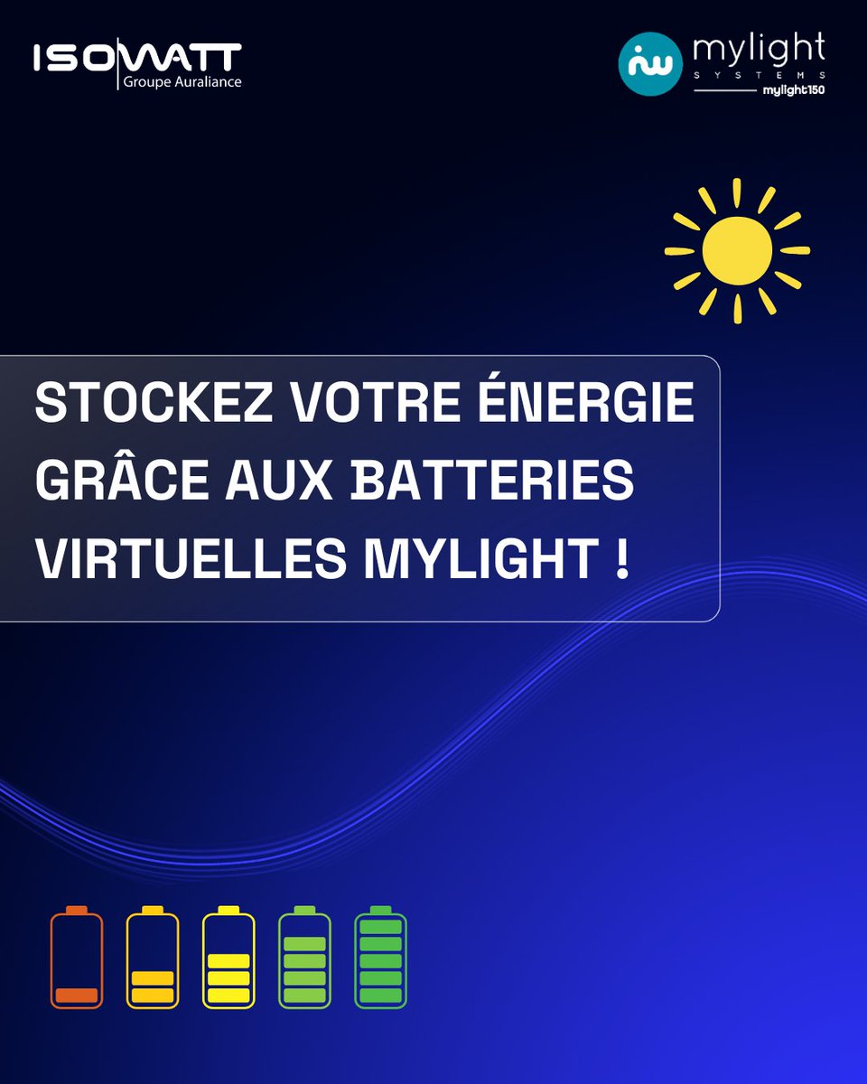 IsowattFr's tweet photo. 🔋 Optez pour l’autonomie avec les batteries virtuelle Mylight  !

Stockez votre énergie solaire en journée et utilisez-la quand vous en avez besoin. 

✅ Réduction des factures
✅ Sécurité énergétique
✅ Technologie intelligente
✅ Énergie 100% renouvelable

#StockageÉnergie https://t.co/5mb3d9CBb2