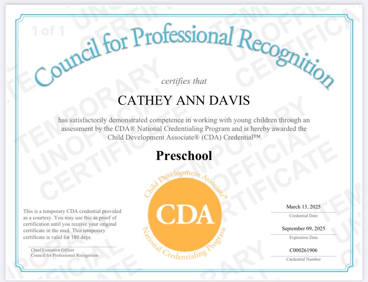 🌟 Huge Congratulations to Cathey Davis! 🌟

Please join us in congratulating Cathey on this amazing accomplishment! 🎉👏 #CDACertified #EarlyEducationExcellence #WellDeserved
