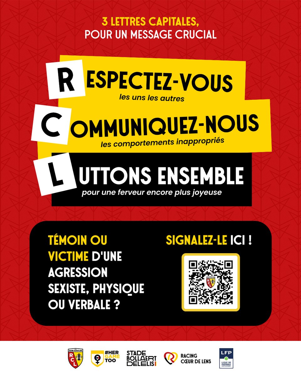 𝑹𝑪𝑳 : 3⃣ lettres capitales, 1⃣ message crucial

Le Racing s’associe à <a href="/hergametoofr/">Her Game Too France</a> pour lutter contre les Violences Sexistes et Sexuelles au stade. Dès #RCLSRFC, des mesures renforcées seront mises en place à Bollaert-Delelis.

👉 lc.cx/-xpNdv

#JouonsLaCollectif
