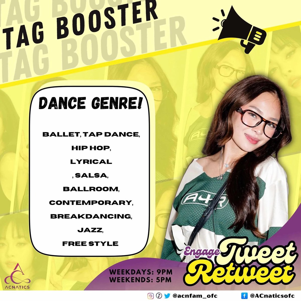 Twitter Party Tag Booster

Dance Genre

- Reply as many as you can along with our official tagline
- Don’t forget to repost and engage

DUODICATED FOR AC
#ACBonifacio
#PBBCollabDuo