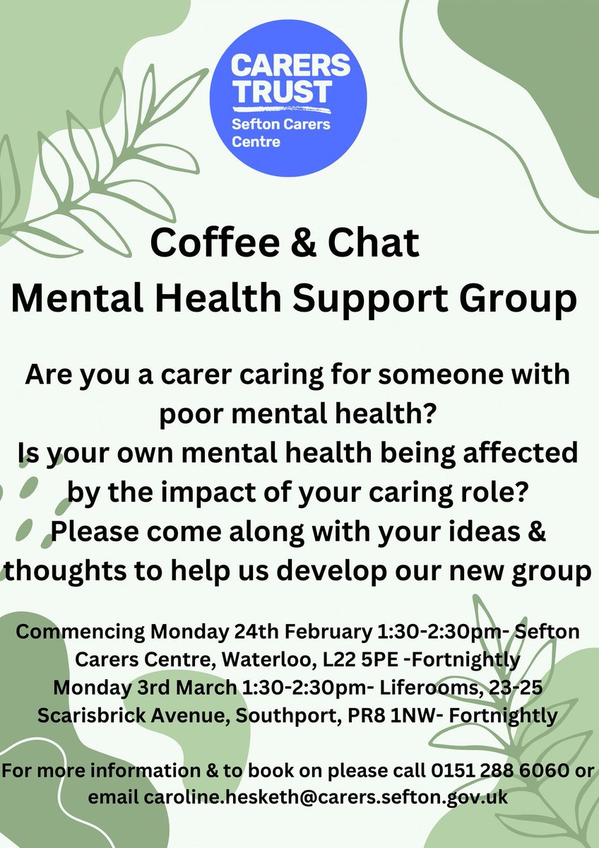 Caring for someone can be a difficult and stressful experience that can take it's toll on a carer's mental health. We've started a coffee &amp; chat mental health support group that will alternate between Waterloo and Southport every Monday to help as much as possible #MentalHealth