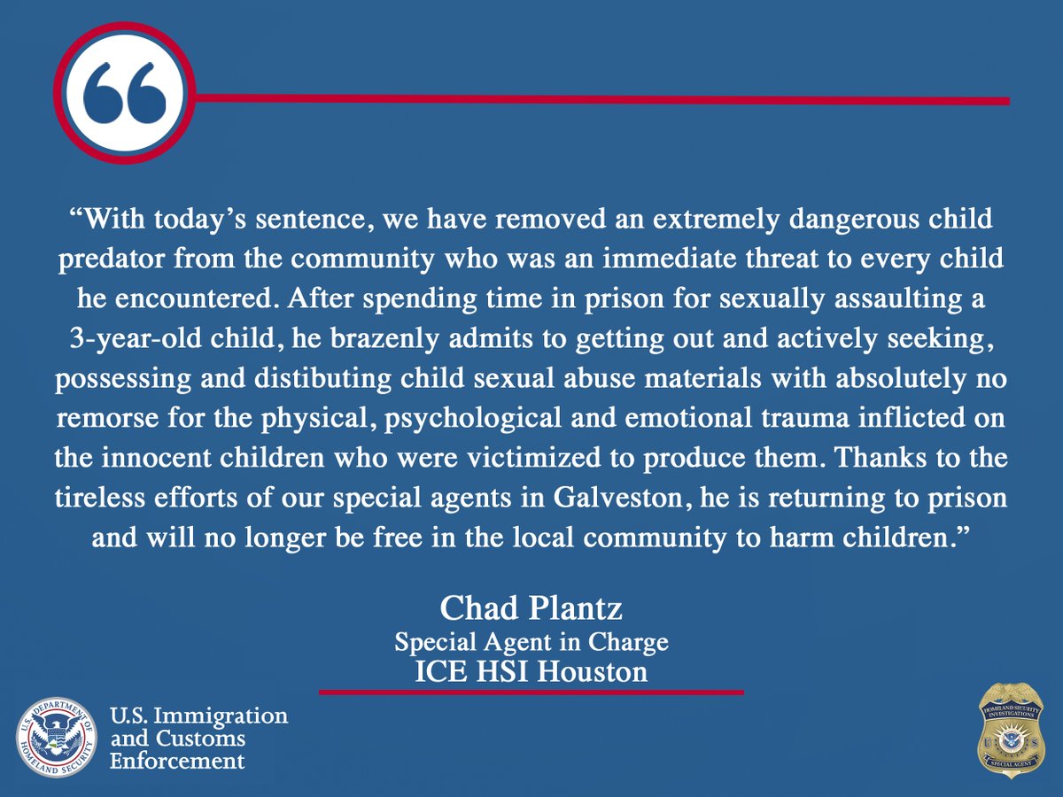 HSI Houston (@hsihouston) on Twitter photo A registered sex offender who was previously convicted of aggravated sexual assault of a 3-year-old is heading back to prison for possessing and distributing child sexual abuse materials following an ICE <a href="/HSIHouston/">HSI Houston</a> investigation. Details: 👉 ice.gov/news/releases/… A registered sex offender who was previously convicted of aggravated sexual assault of a 3-year-old is heading back to prison for possessing and distributing child sexual abuse materials following an ICE <a href="/HSIHouston/">HSI Houston</a> investigation. Details: 👉 ice.gov/news/releases/…