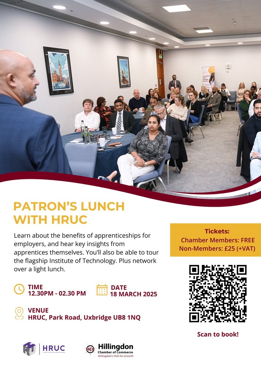 We are looking forward to holding an exclusive Patron's Lunch event in partnership with @hillingdonchamber for an exciting overview of HRUC! 
18 March 2025, 12.30pm - 2.30pm
Uxbridge Campus, Park Road, Uxbridge, UB8 1NQ

To book visit: my.hillingdonchamber.co.uk/calendar_detai…