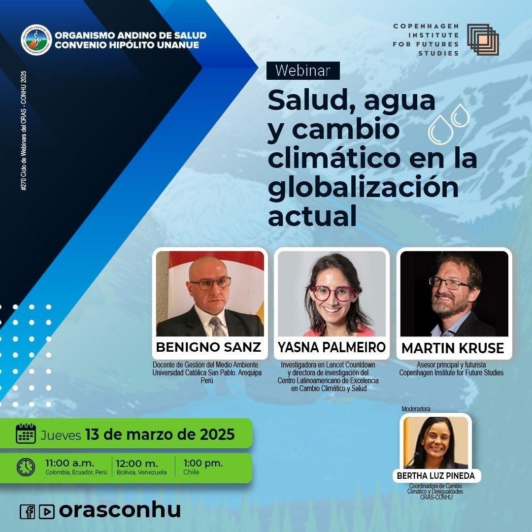 ClimaUpch's tweet image. 🔴 Hoy a las 11:00 a. m. (hora Perú) acompáñanos en el evento “Salud, agua y cambio climático en la globalización actual”. 🌎💧

Nuestra representante, Yasna Palmeiro, estará participando. ¡No te lo pierdas!

🔗 Únete aquí:
facebook.com/orasconhu
youtube.com/orasconhu