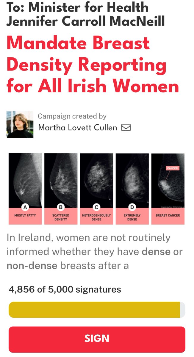 Siobhán Freeney Advocate #BreastDensity #LobularBC (@breastdense) on Twitter photo 5,000 have signed since Friday
There can be no further obfuscation on this
Breast Density Reporting, a
#WomensHealth issue is a cross-party issue <a href="/OireachtasNews/">Houses of the Oireachtas - Tithe an Oireachtais</a> <a href="/VeronaMurphyInd/">Verona Murphy #voteverona</a> <a href="/malcolmbyrne/">Malcolm Byrne 🇮🇪 🇪🇺 🇺🇦</a> <a href="/Fiona_Kildare/">Senator Fiona OLoughlin</a> <a href="/davidcullinane/">David Cullinane T.D.</a> <a href="/alankellylabour/">Alan Kelly TD</a> <a href="/ITdominiccoyle/">Dominic Coyle</a> 5,000 have signed since Friday
There can be no further obfuscation on this
Breast Density Reporting, a
#WomensHealth issue is a cross-party issue <a href="/OireachtasNews/">Houses of the Oireachtas - Tithe an Oireachtais</a> <a href="/VeronaMurphyInd/">Verona Murphy #voteverona</a> <a href="/malcolmbyrne/">Malcolm Byrne 🇮🇪 🇪🇺 🇺🇦</a> <a href="/Fiona_Kildare/">Senator Fiona OLoughlin</a> <a href="/davidcullinane/">David Cullinane T.D.</a> <a href="/alankellylabour/">Alan Kelly TD</a> <a href="/ITdominiccoyle/">Dominic Coyle</a>