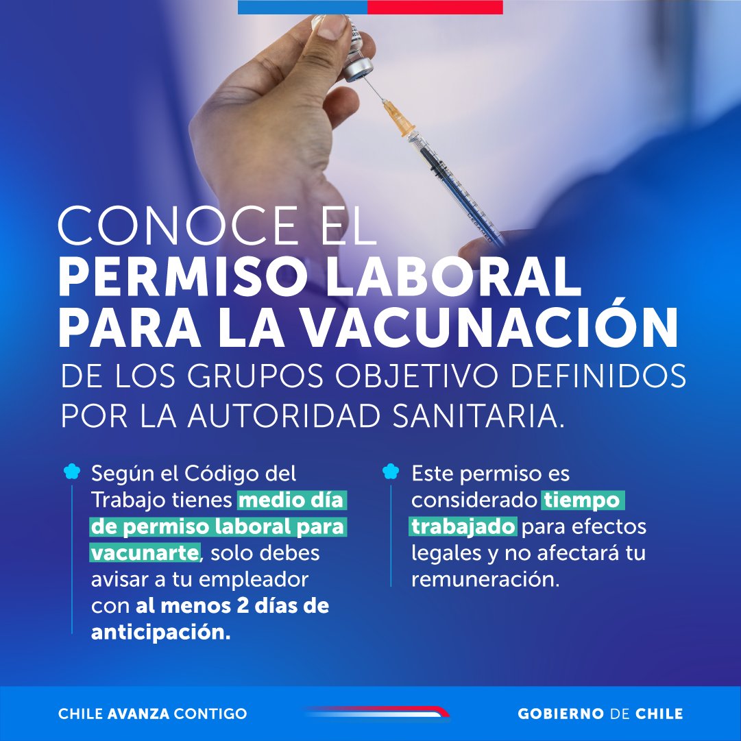 ¿Conocías el permiso laboral para vacunarte? 💉
Trabajadoras y trabajadores contratados por Código del Trabajo que pertenezcan a los grupos objetivos de las campañas de vacunación e inmunización tienen derecho a medio día de permiso laboral para ir a al vacunatorio más cercano y