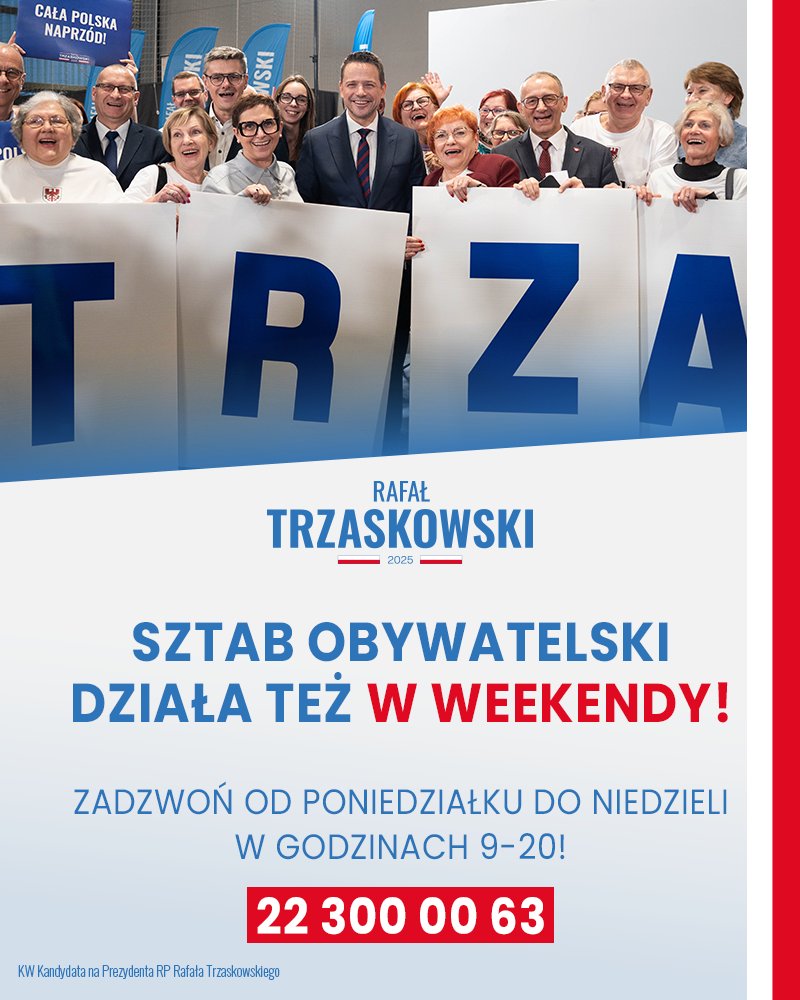 ☎ Chcesz się zaangażować❓ Czekamy na Twój telefon - dzwoń na 22 300 00 63❗

Sztab Obywatelski #Trzaskowski2025 działa cały tydzień, od poniedziałku do niedzieli, od 9:00 do 20:00 🇵🇱✌
