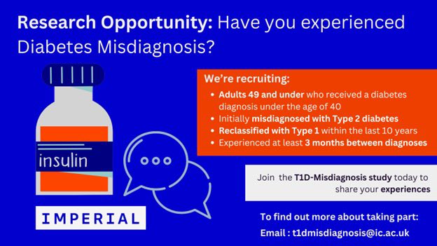 Nick Oliver (@mortdecai) on Twitter photo RESEARCH OPPORTUNITYš¢
Have you experienced a diabetes misdiagnosis? Follow this link: imperial.eu.qualtrics.com/jfe/form/SV_e9ā¦Ā or email t1dmisdiagnosis.study@ic.ac.ukĀ to learnĀ more about participating in our study.
#DiabetesAwareness #DiabetesJourney #MisdiagnosedDiabetes #T1D RESEARCH OPPORTUNITYš¢
Have you experienced a diabetes misdiagnosis? Follow this link: imperial.eu.qualtrics.com/jfe/form/SV_e9ā¦Ā or email t1dmisdiagnosis.study@ic.ac.ukĀ to learnĀ more about participating in our study.
#DiabetesAwareness #DiabetesJourney #MisdiagnosedDiabetes #T1D