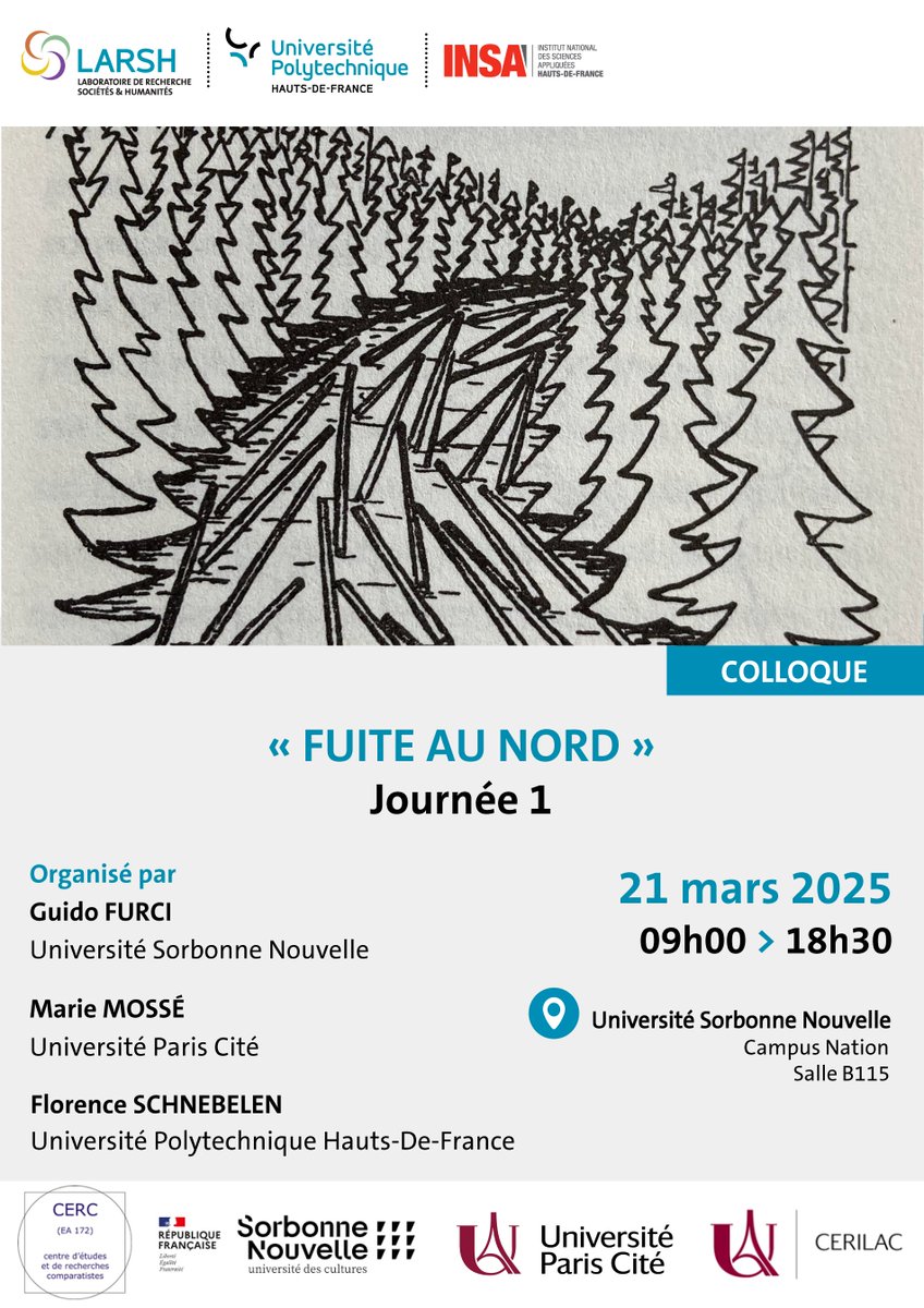 ➡️ Colloque "Fuite au nord"
Journée 1

🗓️21 mars 2025
📍Université Sorbonne Nouvelle, Campus Nation

ℹ️ infos et programme :  uphf.fr/larsh/actualit…

<a href="/Sorbonne_Nvelle/">Université Sorbonne Nouvelle</a> 
<a href="/UphfOfficiel/">Université Polytechnique Hauts-de-France</a>
