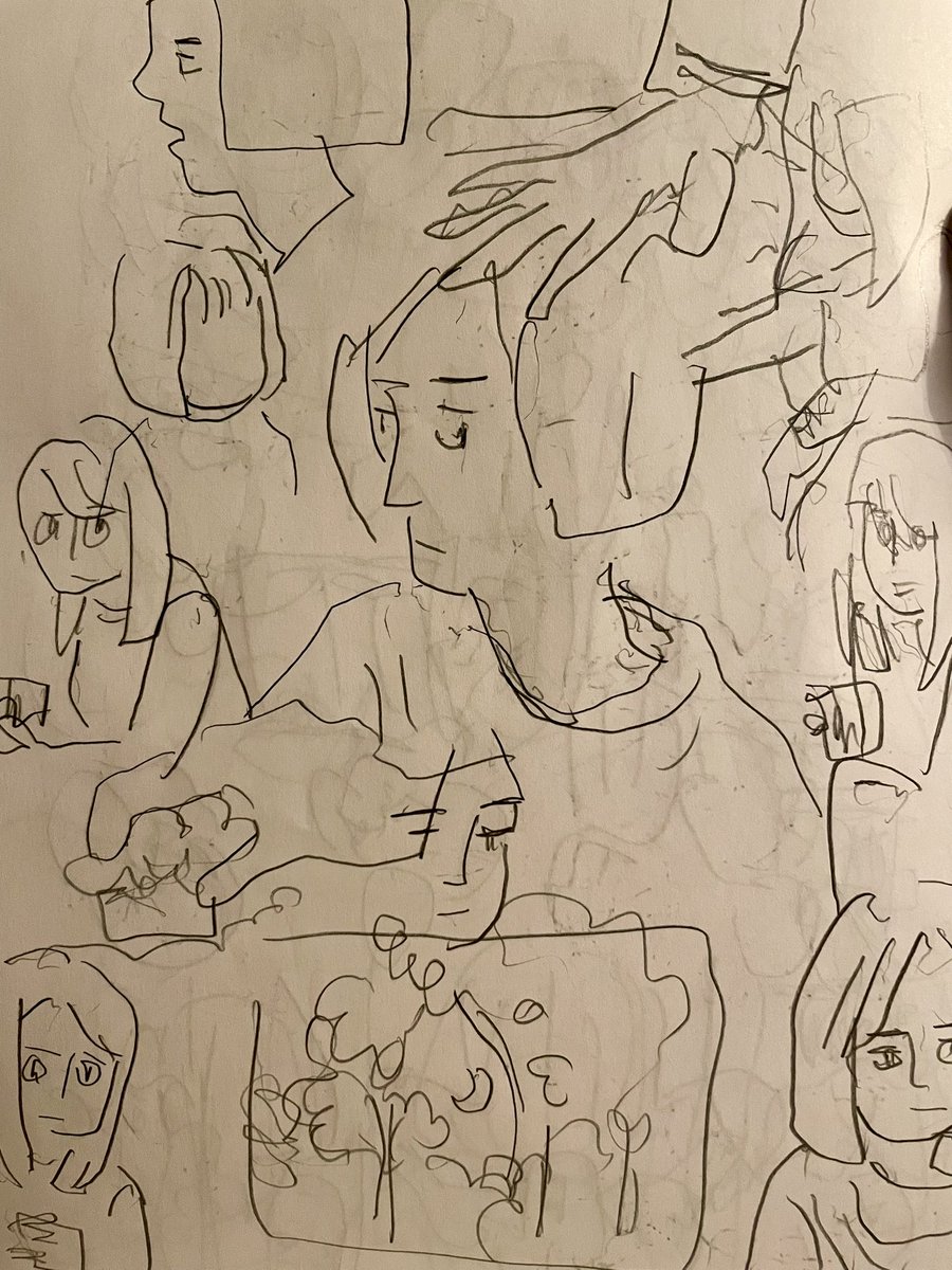 家で映画を観てるあいだずっと描き続ける落書き。1秒クロッキー的な何か。暗闇で描いているので、明るくしたときにこんなふうに描いてたのかと驚く。 