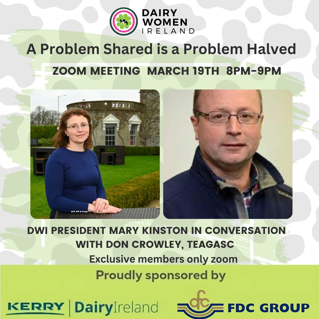 Dairy Women Ireland (DWI) (@dairywomenire) on Twitter photo March is tough—long hours, bad weather & farm challenges. Let’s tackle them together!
🗓 March 19th, 8-9PM |
Join Mary Kinston & Don Crowley (Teagasc) for advice & support.
Got a challenge? Email dairywomenireland@gmail.com (Subject: A Problem Shared) & we’ll cover it then! March is tough—long hours, bad weather & farm challenges. Let’s tackle them together!
🗓 March 19th, 8-9PM |
Join Mary Kinston & Don Crowley (Teagasc) for advice & support.
Got a challenge? Email dairywomenireland@gmail.com (Subject: A Problem Shared) & we’ll cover it then!