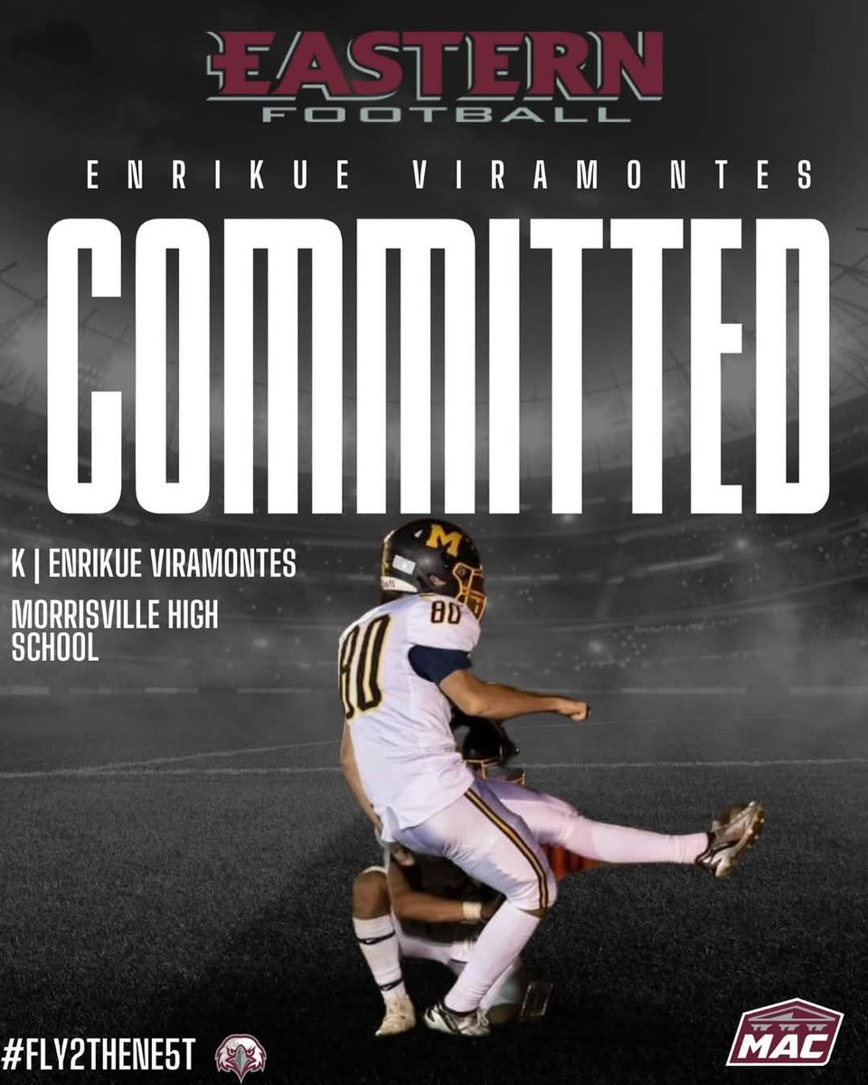 Mitch Cohen (@mitch_cohen21) on Twitter photo I am proud to announce that Morrisville HS record setting Kicker Enrikue Viramontes has committed to attend and play football at Eastern University!
Congrats Suave!
Enrikue will join Morrisville teammate and prior committ O Nick Jobes.
<a href="/EnrikueV06/">Enrikue Viramontes</a> <a href="/CoachScottEU/">Colin Scott</a>
Morrisville Proud! I am proud to announce that Morrisville HS record setting Kicker Enrikue Viramontes has committed to attend and play football at Eastern University!
Congrats Suave!
Enrikue will join Morrisville teammate and prior committ O Nick Jobes.
<a href="/EnrikueV06/">Enrikue Viramontes</a> <a href="/CoachScottEU/">Colin Scott</a>
Morrisville Proud!