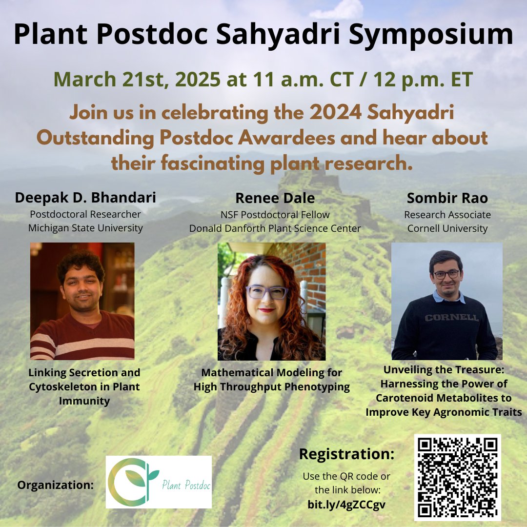 Sunil K. Kenchanmane Raju (@sunil_kumarkr) on Twitter photo Get ready for an inspiring lineup of three exceptional talks featuring <a href="/plantpostdocs/">PlantPostdocs (@plantpostdocs.bsky.social)</a> #Sahyadri Outstanding Postdoc Awardees from <a href="/MSUDOEPlantLab/">MSU-DOE Plant Research Laboratory</a> <a href="/DanforthCenter/">Danforth Center</a> <a href="/Cornell/">Cornell University</a>
March 21, 2025, at 11 AM CT.
Register here - bit.ly/4gZCCgv
#Immunity #Modeling #Metabolites Get ready for an inspiring lineup of three exceptional talks featuring <a href="/plantpostdocs/">PlantPostdocs (@plantpostdocs.bsky.social)</a> #Sahyadri Outstanding Postdoc Awardees from <a href="/MSUDOEPlantLab/">MSU-DOE Plant Research Laboratory</a> <a href="/DanforthCenter/">Danforth Center</a> <a href="/Cornell/">Cornell University</a>
March 21, 2025, at 11 AM CT.
Register here - bit.ly/4gZCCgv
#Immunity #Modeling #Metabolites