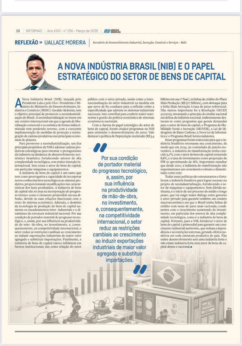 O papel estratégico do setor de bens de capital na Nova Indústria Brasil (NIB)

O setor de bens de capital é um setor estratégico, que incorpora novo conhecimento tecnológico,  além de ser difusor de tecnologia.

Seu desenvolvimento e adensamento garantem soberania tecnológica e
