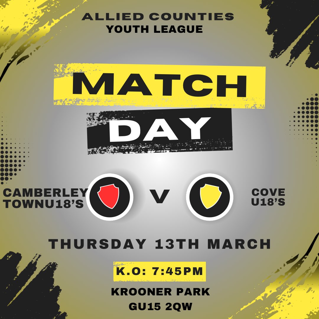 Last League Game of the season so looking to end the season on a high.

<a href="/CoveFC_Official/">Cove Football Club</a> 
<a href="/CamberleyTownFC/">Camberley Town</a> 
<a href="/ACYFLofficial/">Allied Counties Youth League</a>