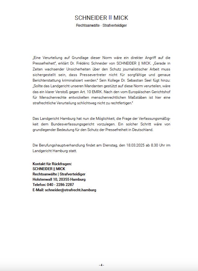 Am kommenden Dienstag steht mein Kollege Carsten Janz vor dem Landgericht HH. Er hatte aus einem Beschluss zitiert, der der Generalstaatsanwaltschaft Hamburg eine rechtswidrige Hausdurchsuchung bescheinigt. Der Fall könnte auch vors Bundesverfassungsgericht gehen. #pressefreiheit