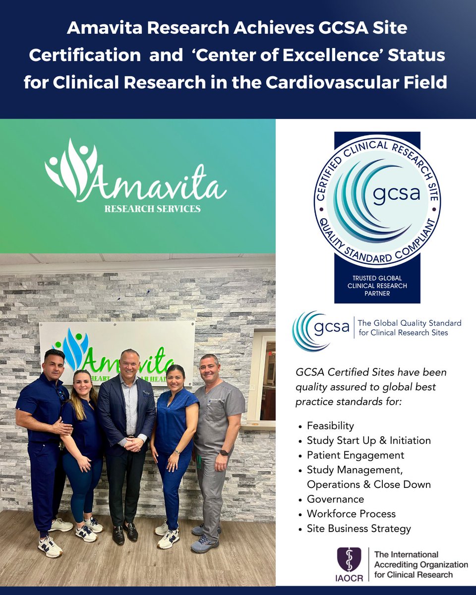 Congrats to @Amativa as they join the ranks of <a href="/GCSA/">GCSA</a> Certified Sites.  A clear demonstration of your commitment to delivering world-class trials for cardiovascular clinical research. Learn more: INSERT LINK to PR: iaocr.com/wp-content/upl… #clinicaltrials #qualitystandards