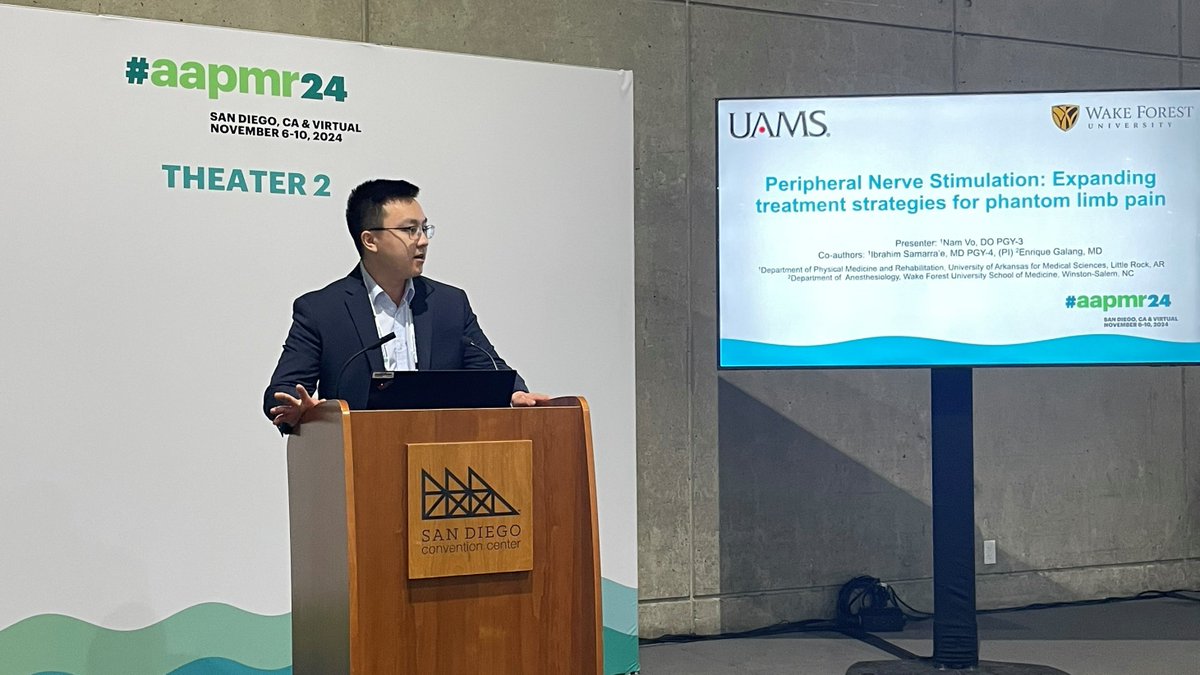 Congrats to Nam Vo, DO on your presentation on 'Peripheral Nerve Stimulation: Expanding treatment strategies for phantom limb pain' at the AAPMR annual assembly.  Mentored by Enrique Galang, MD, their abstract was selected as a podium presentation!  Great Job!!