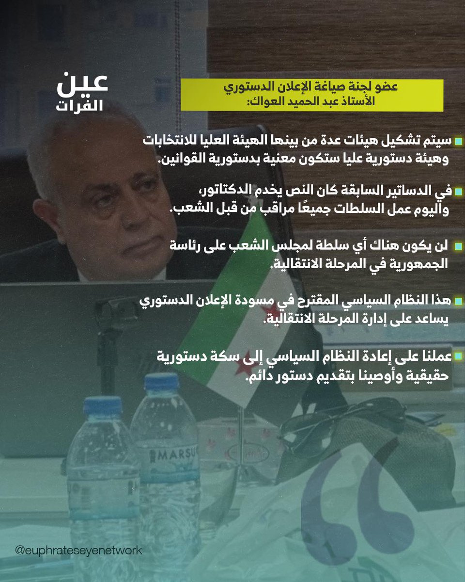 عضو لجنة صياغة مسودة الإعلان الدستوري الأستاذ #عبد_الحميد_العواك:
"عملنا على إعادة النـ ـظام السـ ـياسي إلى سكة دستورية حقيقية وأوصينا بتقديم دستور دائمة".
#سوريا #عين_الفرات