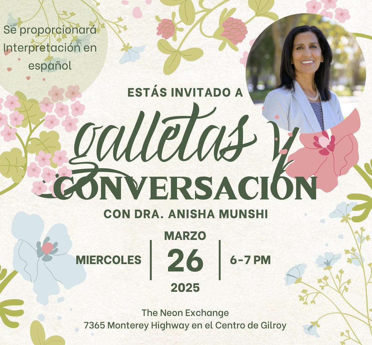 Gilroy Unified School District Superintendant Dr. Anisha Munshi is hosting a Cookies and Conversation event on March 26 6-7pm at the Neon Exchange in Downtown Gilroy. GUSD regular board meetings are livestreamed on GUSD YouTube. bit.ly/GUSDYouTube Members of the public