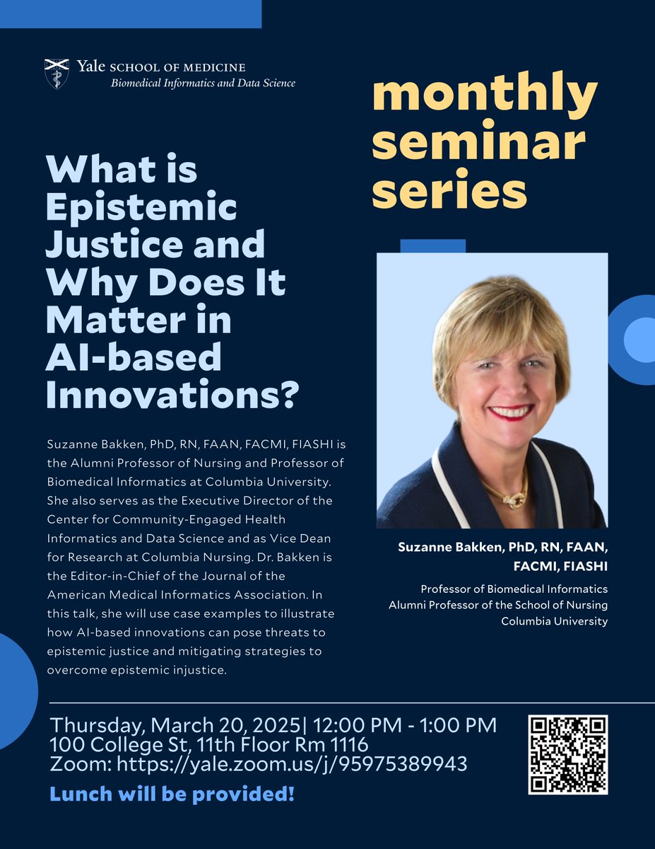 Yale Biomedical Informatics & Data Science (@yalebids) on Twitter photo Join us for BIDS Monthly Seminar Series: "What is Epistemic Justice and Why Does It Matter in AI-based Innovations?" featuring Dr. Suzanne Bakken from
<a href="/Columbia/">Columbia University</a> on March, 20 from 12-1 PM (EST). Learn more: medicine.yale.edu/biomedical-inf… Join us for BIDS Monthly Seminar Series: "What is Epistemic Justice and Why Does It Matter in AI-based Innovations?" featuring Dr. Suzanne Bakken from
<a href="/Columbia/">Columbia University</a> on March, 20 from 12-1 PM (EST). Learn more: medicine.yale.edu/biomedical-inf…