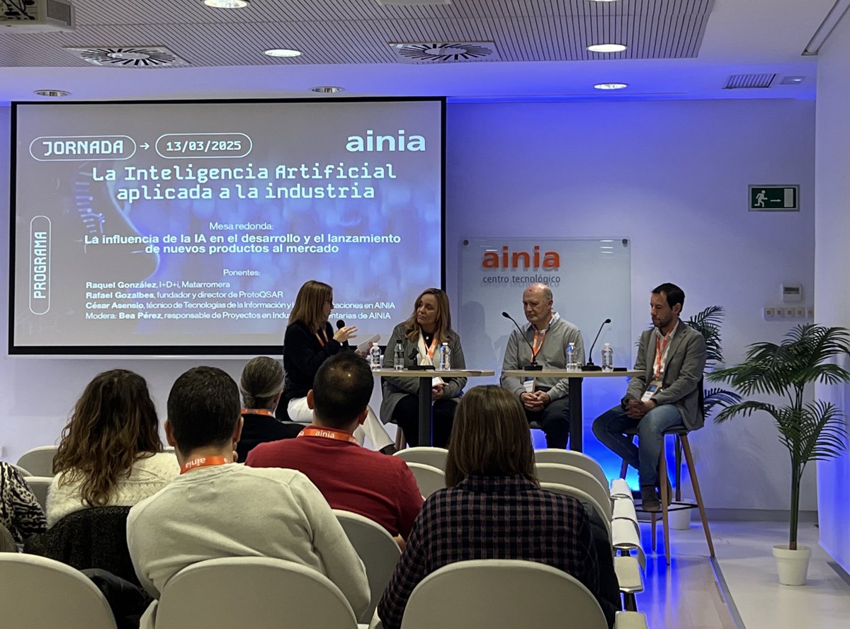 ainia (@ainiatecnologia) on Twitter photo <a href="/JavierSirvent/">Javier Sirvent</a> <a href="/fvalgrai/">valgrai</a> <a href="/iasolver/">Solver Intelligent Analytics</a> <a href="/Cleanity_es/">Cleanity</a> <a href="/minsaitbyindra/">Minsait</a> <a href="/ProdwareES/">ProdwareES</a> <a href="/SantDalmai/">Sant Dalmai</a> Mesa redonda «La influencia de la IA en el desarrollo y el lanzamiento de nuevos productos al mercado».
🔸Raquel González, I+D+i, <a href="/Matarromera/">Matarromera</a>
🔸Rafael Gozalbes, fundador y director de <a href="/ProtoQSAR/">ProtoQSAR - MolDrug</a>
🔸César Asensio, técnico de Tecnologías de la Información y las Comunicaciones en <a href="/JavierSirvent/">Javier Sirvent</a> <a href="/fvalgrai/">valgrai</a> <a href="/iasolver/">Solver Intelligent Analytics</a> <a href="/Cleanity_es/">Cleanity</a> <a href="/minsaitbyindra/">Minsait</a> <a href="/ProdwareES/">ProdwareES</a> <a href="/SantDalmai/">Sant Dalmai</a> Mesa redonda «La influencia de la IA en el desarrollo y el lanzamiento de nuevos productos al mercado».
🔸Raquel González, I+D+i, <a href="/Matarromera/">Matarromera</a>
🔸Rafael Gozalbes, fundador y director de <a href="/ProtoQSAR/">ProtoQSAR - MolDrug</a>
🔸César Asensio, técnico de Tecnologías de la Información y las Comunicaciones en
