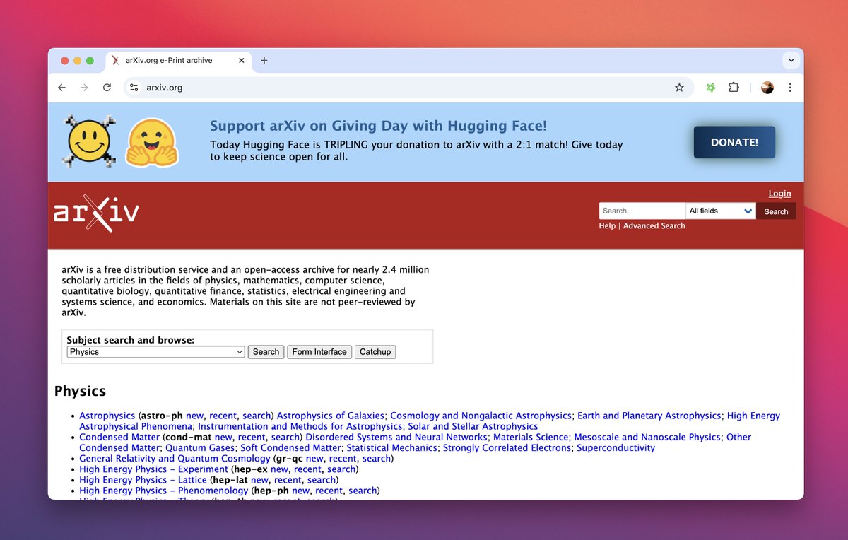 Support <a href="/arxiv/">arXiv.org</a> during Cornell Giving Day on March 13, 2025. 

We at <a href="/huggingface/">Hugging Face</a> are happy to match donations! 💟💟