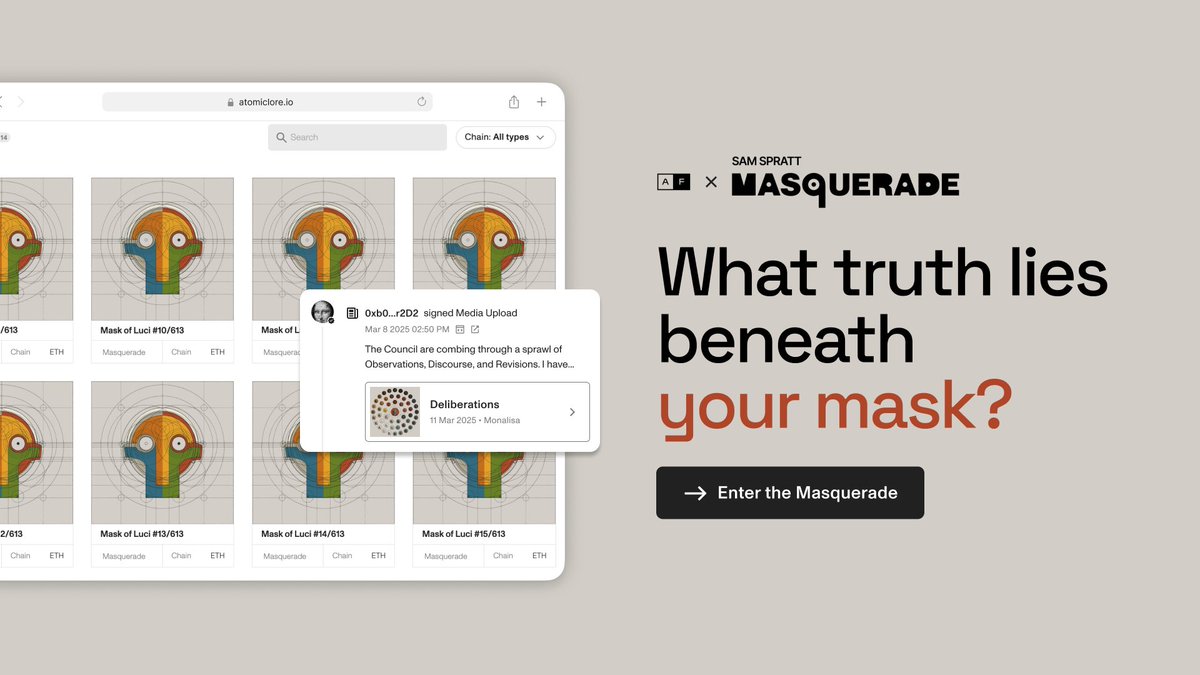 atomicform's tweet image. ⏳ The Veil Lifts Soon. Add Your Lore Before the Reveal ⏳

The winners and their masks will be revealed soon, but the Masquerade is far from over.

If you’ve been holding onto thoughts, reflections, or unfinished words—now is the time to add them to lore.

Your observations,…