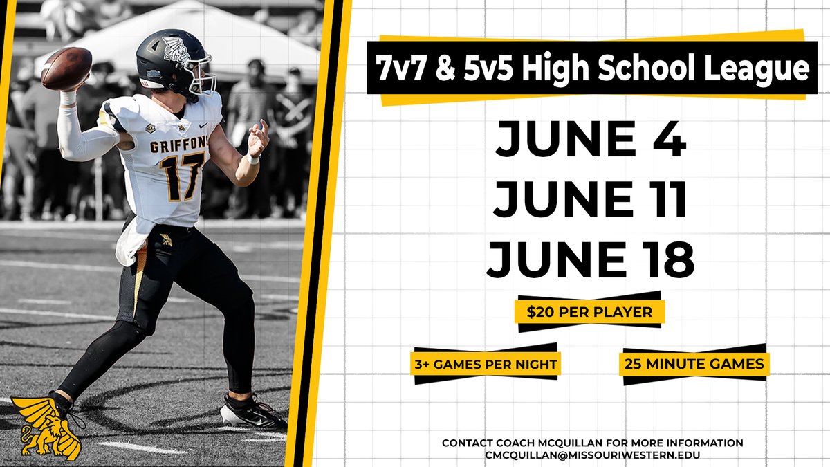 Missouri Western Football (@mwsu_football) on Twitter photo โผ๏ธ๐๐ข๐ ๐ก ๐๐๐ก๐จ๐จ๐ฅ ๐๐จ๐๐๐ก๐๐ฌโผ๏ธ
Looking for great summer competition, don't hesitate to reach out! Our yearly skills league is back for another summer, over 10 teams already ready to compete!
7๏ธโฃ๐ป7๏ธโฃ๐๐๐๐๐ช๐
5โฃ๐ป5โฃ๐๐๐๐๐ช๐
For more info contact <a href="/coachmcquillan/">Coach McQuillan</a> โผ๏ธ๐๐ข๐ ๐ก ๐๐๐ก๐จ๐จ๐ฅ ๐๐จ๐๐๐ก๐๐ฌโผ๏ธ
Looking for great summer competition, don't hesitate to reach out! Our yearly skills league is back for another summer, over 10 teams already ready to compete!
7๏ธโฃ๐ป7๏ธโฃ๐๐๐๐๐ช๐
5โฃ๐ป5โฃ๐๐๐๐๐ช๐
For more info contact <a href="/coachmcquillan/">Coach McQuillan</a>