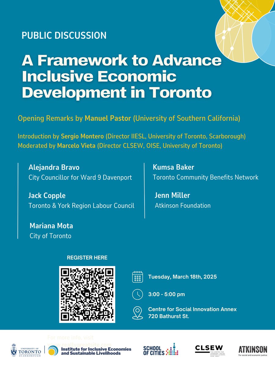 As co-chair of Toronto's Inclusive Economic Development Working Table, I'm joining this discussion about our framework and what's next.

We'll discuss advancing inclusive economies, solidarity, and community power in uncertain times.

🎟️ Reserve a ticket: tinyurl.com/5xevfwsn