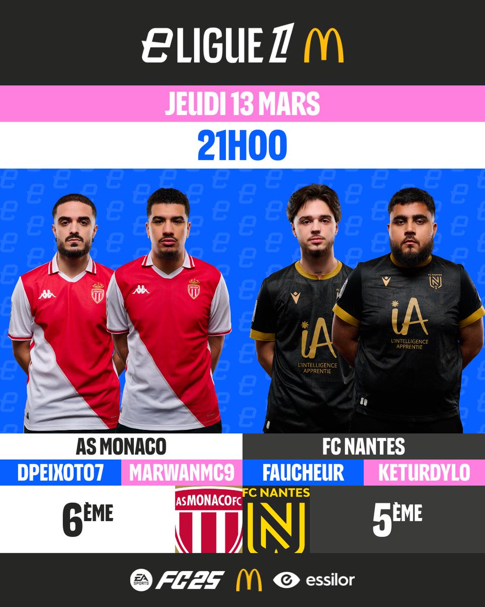 eLigue 1 McDonald’s (@_eligue1) on Twitter photo Dernier match de la soirée ! 🔥
L’ASM et le FCN veulent sécuriser leur place en playoffs. 👀
💪 Les duels :
<a href="/DPeixoto7/">Diogo Peixoto</a> 🆚 <a href="/KeturDylo/">KDylo</a>
<a href="/MarwanMC9/">MarwanMC9 🇲🇦🇵🇸</a> 🆚 <a href="/FaucheurFIFA/">Faucheur</a>
Rendez-vous ce soir à 21h ! 📺💜 Dernier match de la soirée ! 🔥
L’ASM et le FCN veulent sécuriser leur place en playoffs. 👀
💪 Les duels :
<a href="/DPeixoto7/">Diogo Peixoto</a> 🆚 <a href="/KeturDylo/">KDylo</a>
<a href="/MarwanMC9/">MarwanMC9 🇲🇦🇵🇸</a> 🆚 <a href="/FaucheurFIFA/">Faucheur</a>
Rendez-vous ce soir à 21h ! 📺💜