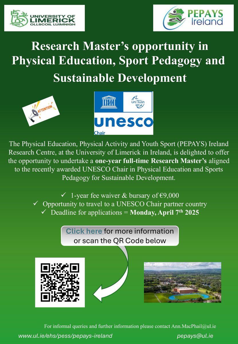 PESS @ UL (@pesslimerick) on Twitter photo Research Master’s Opportunity! 📣
New Research MSc aligned with recently awarded <a href="/UNESCO/">UNESCO 🏛️ #Education #Sciences #Culture 🇺🇳</a> Chair in Physical Education, Sport Pedagogy, and Sustainable Development in <a href="/PEPAYS_Ireland/">PEPAYS Ireland</a> Research Centre at <a href="/UL/">University Of Limerick</a> .
- One-Year Full-time Masters including a fee waiver and bursary of Research Master’s Opportunity! 📣
New Research MSc aligned with recently awarded <a href="/UNESCO/">UNESCO 🏛️ #Education #Sciences #Culture 🇺🇳</a> Chair in Physical Education, Sport Pedagogy, and Sustainable Development in <a href="/PEPAYS_Ireland/">PEPAYS Ireland</a> Research Centre at <a href="/UL/">University Of Limerick</a> .
- One-Year Full-time Masters including a fee waiver and bursary of