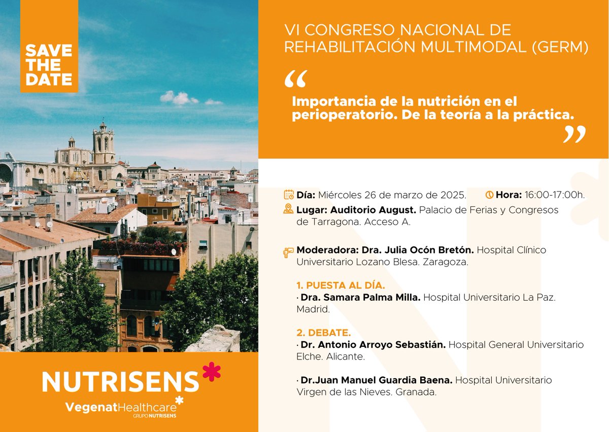 Nutrisens España (@nutrisens_es) on Twitter photo 📢VI Congreso <a href="/GermFTsurgery/">GERM</a>
📅Miércoles 26 de marzo, de 16:00-17:00h
📍Auditorio August, Palacio de Ferias y congresos (Tarragona)
✅Importancia de la #nutrición en el #perioperatorio. De la teoría a la práctica
🧑🏻⚕️<a href="/ocon_breton/">Julia Ocon Breton</a> <a href="/SamaraPalmaMil1/">Samara Palma Milla</a> <a href="/drArroyoElche/">Antonio Arroyo</a> <a href="/jmguardiabaena/">Juan M Guardia Baena</a> 📢VI Congreso <a href="/GermFTsurgery/">GERM</a>
📅Miércoles 26 de marzo, de 16:00-17:00h
📍Auditorio August, Palacio de Ferias y congresos (Tarragona)
✅Importancia de la #nutrición en el #perioperatorio. De la teoría a la práctica
🧑🏻⚕️<a href="/ocon_breton/">Julia Ocon Breton</a> <a href="/SamaraPalmaMil1/">Samara Palma Milla</a> <a href="/drArroyoElche/">Antonio Arroyo</a> <a href="/jmguardiabaena/">Juan M Guardia Baena</a>