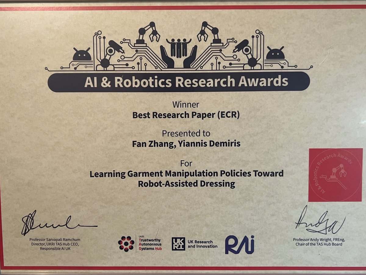 Fan Zhang (@fanfanzhang0) on Twitter photo Excited to share that we have won the 2025 <a href="/tas_hub/">UKRI TAS Hub</a>/<a href="/rai_inst/">RAI Institute</a> UK Best Research Paper (ECR) for our <a href="/SciRobotics/">Science Robotics</a> paper on robot-assisted dressing <a href="/YiannisDemiris/">Yiannis Demiris</a> <a href="/Imperial_PRL/">Personal Robotics</a>  <a href="/imperialcollege/">Imperial College London</a>, supported by <a href="/UKRI_News/">UK Research and Innovation</a> and <a href="/RAEngNews/">Royal Academy of Engineering</a>. Excited to share that we have won the 2025 <a href="/tas_hub/">UKRI TAS Hub</a>/<a href="/rai_inst/">RAI Institute</a> UK Best Research Paper (ECR) for our <a href="/SciRobotics/">Science Robotics</a> paper on robot-assisted dressing <a href="/YiannisDemiris/">Yiannis Demiris</a> <a href="/Imperial_PRL/">Personal Robotics</a>  <a href="/imperialcollege/">Imperial College London</a>, supported by <a href="/UKRI_News/">UK Research and Innovation</a> and <a href="/RAEngNews/">Royal Academy of Engineering</a>.