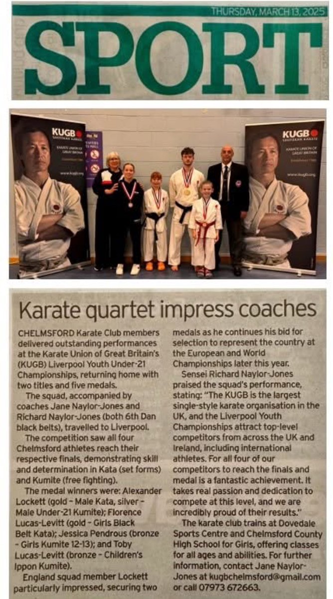 FAB 4 IN <a href="/essexchronicle/">Essex Chronicle</a> TODAY! Excellent Report on Alex, Jess, Flo &amp; Toby’s success @kugb Liverpool Youth Championships! <a href="/ActiveEssex/">ActiveEssex</a> <a href="/ShotoTigers/">Shotokan Tiger Nation</a> <a href="/ChelmsCouncil/">Chelmsford City Council</a> <a href="/ChelmsMayor/">Chelmsford Mayor</a> <a href="/RobertTheBrit/">Bob Massey</a> <a href="/mariecgoldman/">Marie Goldman MP 🔶</a> <a href="/CCHS4GPE/">CCHSPE</a> <a href="/Womeninsport_uk/">Women in Sport</a> <a href="/sportrectweets/">Sport & Recreation Alliance</a>