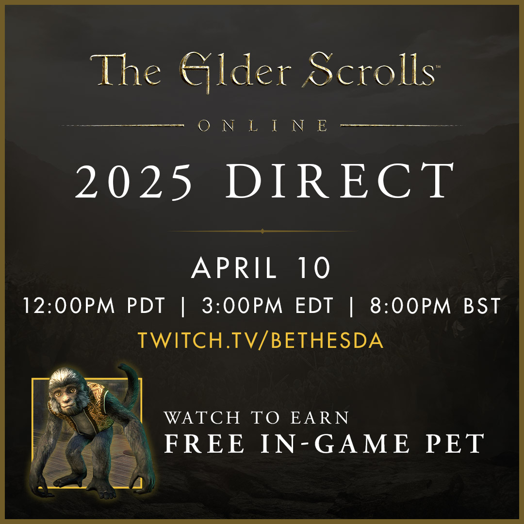 TESOnline's tweet image. 🗓️ ESO Direct 🗓️
April 10, 2025
3 PM ET
Tune in to discover what&apos;s coming to #ESO in 2025! Did we mention drops and a special reward? 🐒
🔗 beth.games/423c1Ld

What would you most like to see?