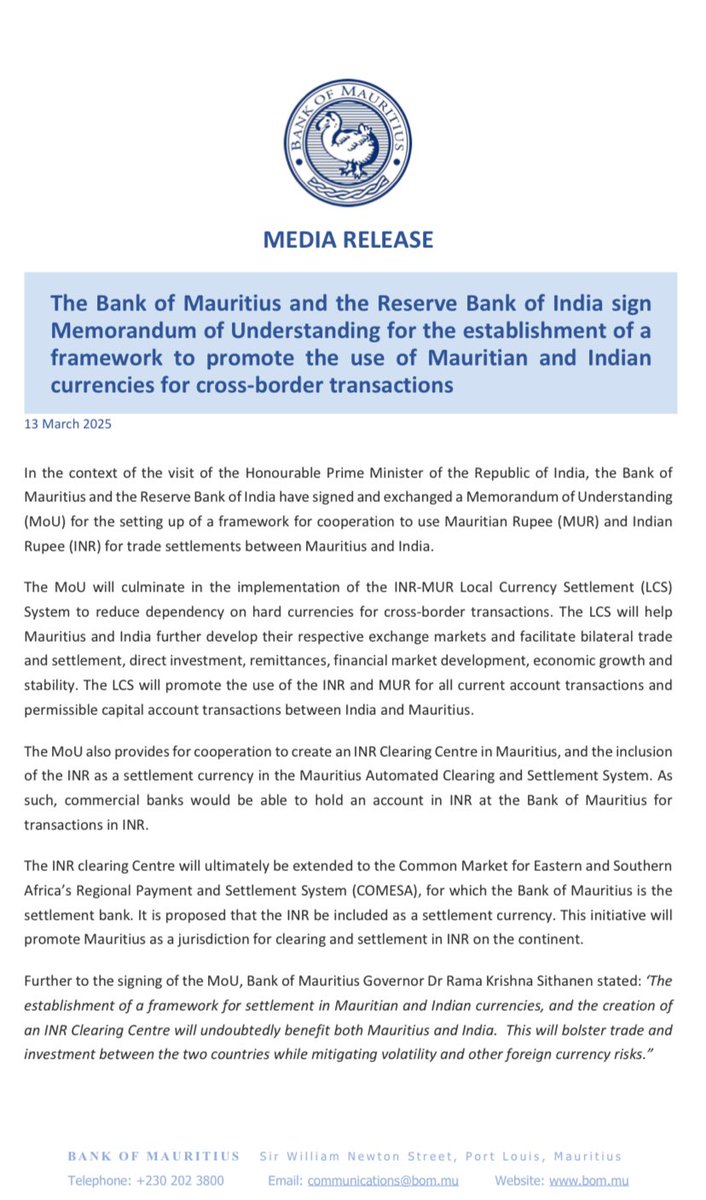 Bank of Mauritius (@bom_mauritius) on Twitter photo The Bank of Mauritius & <a href="/RBI/">ReserveBankOfIndia</a> sign an MoU to promote INR-MUR settlement, boosting trade & investment while reducing reliance on hard currencies.#trade #finance #Mauritius #India The Bank of Mauritius & <a href="/RBI/">ReserveBankOfIndia</a> sign an MoU to promote INR-MUR settlement, boosting trade & investment while reducing reliance on hard currencies.#trade #finance #Mauritius #India