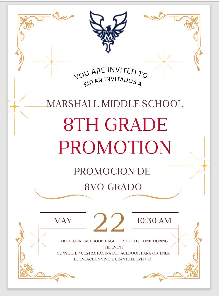 MarshallUSD259 (@marshallusd259) on Twitter photo 8th Grade Parents and students:
Here are the details of our 8th grade promotion this year!!!
When: May 22nd at 10:30
Where: Auditorium
#WPS #wpsproud #WeAreMarshall #SomosMarshall #8thgradePromotion #planningahead <a href="/WichitaUSD259/">Wichita Public Schools</a> 8th Grade Parents and students:
Here are the details of our 8th grade promotion this year!!!
When: May 22nd at 10:30
Where: Auditorium
#WPS #wpsproud #WeAreMarshall #SomosMarshall #8thgradePromotion #planningahead <a href="/WichitaUSD259/">Wichita Public Schools</a>