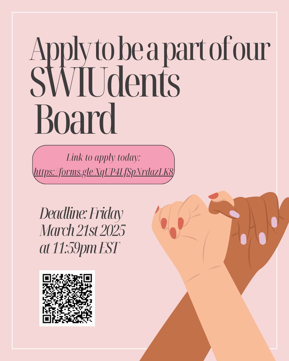 SWIU (@swiuorg) on Twitter photo 📢Applications for the 2025-2026 SWIUdents Leadership board are now live!
Deadline to apply is March 21, 2025, 11:59PM EST
Feel free to reach out to swiudents@swiu.org with any questions!
⭐️New⭐️ for 2025 - 2 Added Research Positions 📚
forms.gle/figUdzWnw96jCd… 📢Applications for the 2025-2026 SWIUdents Leadership board are now live!
Deadline to apply is March 21, 2025, 11:59PM EST
Feel free to reach out to swiudents@swiu.org with any questions!
⭐️New⭐️ for 2025 - 2 Added Research Positions 📚
forms.gle/figUdzWnw96jCd…
