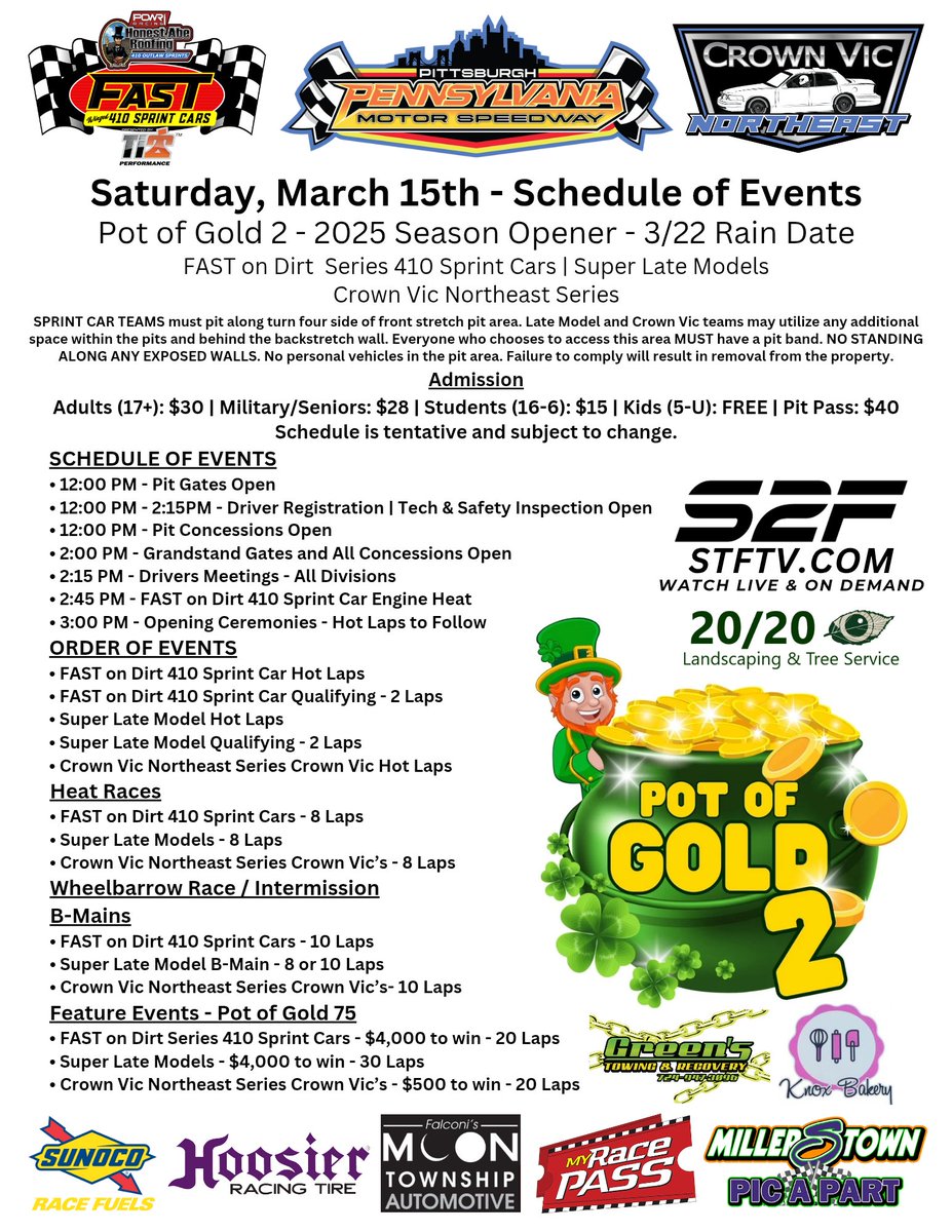 Here is our Schedule of Events of the Pot of Gold 2 this Saturday! We remain optimistic as racing for this Saturday looks likely. We will continue to monitor the weather today with a final decision made tomorrow. Get ready! We know you can't wait. We're just as eager as you!