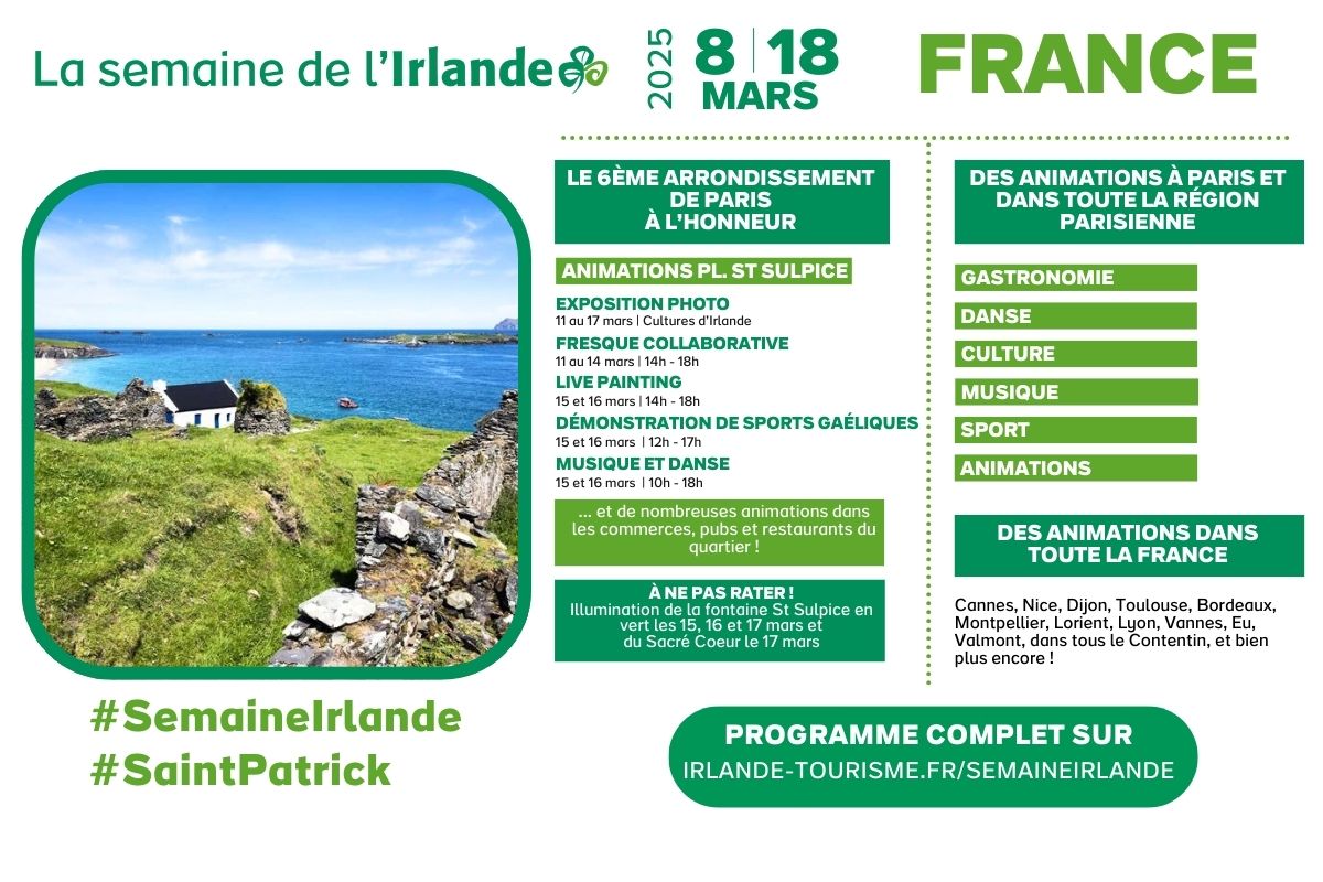 La Semaine de l'Irlande est de retour à Paris et dans toute la France pour la Saint-Patrick ! ☘️
Musique, danse irlandaise, gastronomie, concerts, cinéma et bien plus encore... 🎶🍲🎻🎬
Découvrez le programme complet 👉 irlande-tourisme.fr/SemaineIrlande