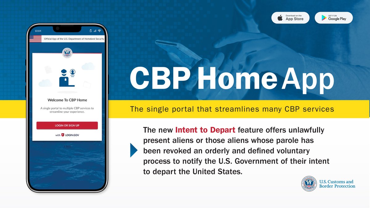 CBP's tweet image. The CBP Home app allows illegally present aliens to self-report their &quot;Intent to Depart.&quot;

Need more info? 
View the quick reference guide: go.dhs.gov/wq8

Or contact us at: CBPHome@cbp.dhs.gov
